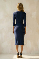 Load image into Gallery viewer, Navy Ruched Round Neck Midi Bodycon Work Dress with Sleeves