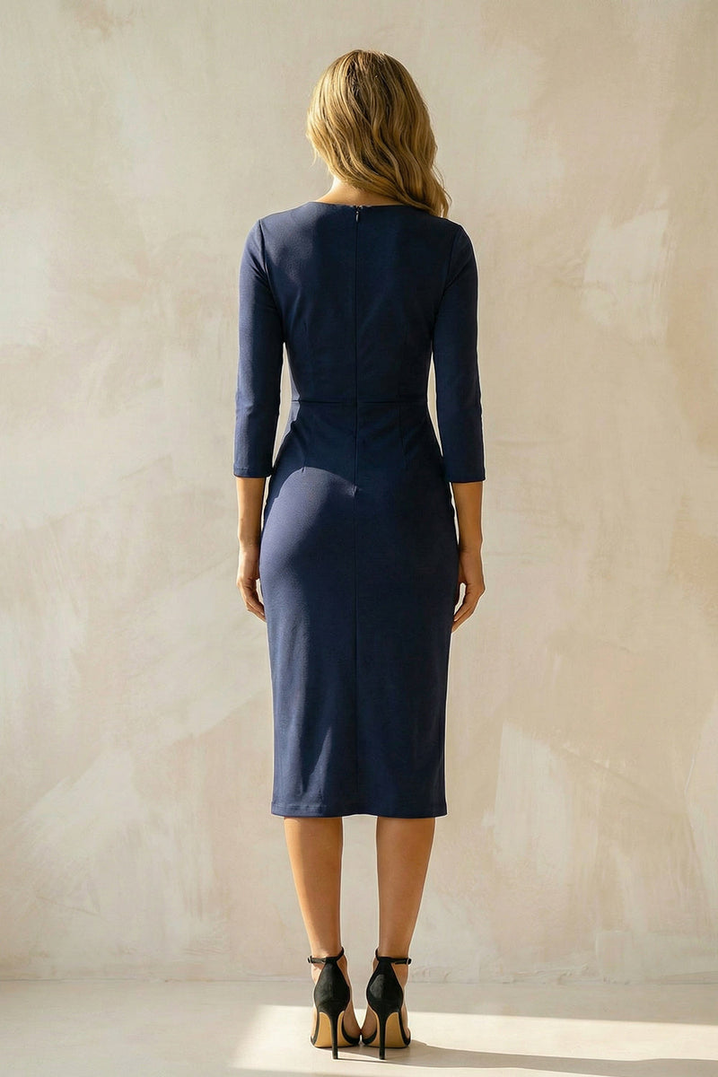 Load image into Gallery viewer, Navy Ruched Round Neck Midi Bodycon Work Dress with Sleeves