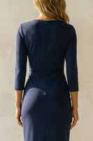 Load image into Gallery viewer, Navy Ruched Round Neck Midi Bodycon Work Dress with Sleeves