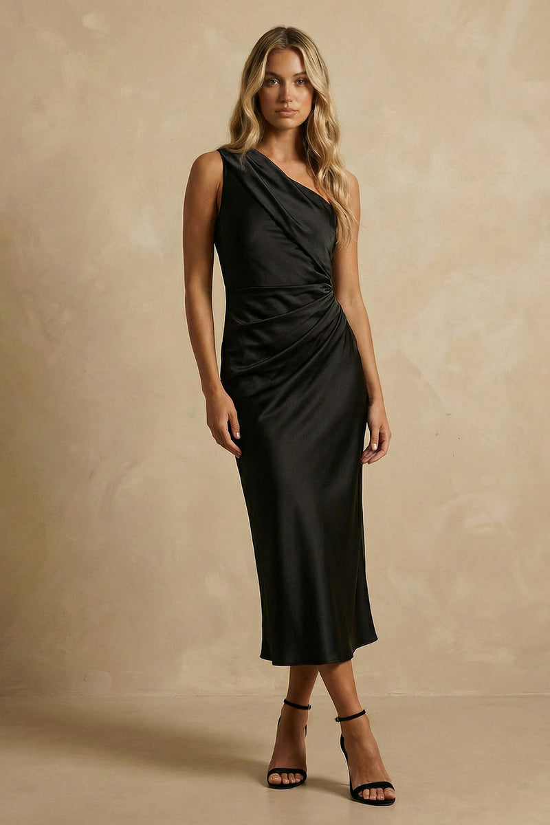 Load image into Gallery viewer, Black Satin One Shoulder Ruched Midi Bodycon Work Dress