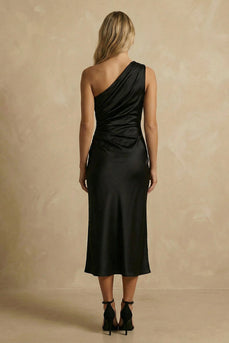 Black Satin One Shoulder Ruched Midi Bodycon Work Dress