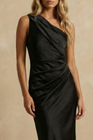 Load image into Gallery viewer, Black Satin One Shoulder Ruched Midi Bodycon Work Dress