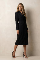 Load image into Gallery viewer, Black Peak Lapel Midi Bodycon Work Dress with Belt
