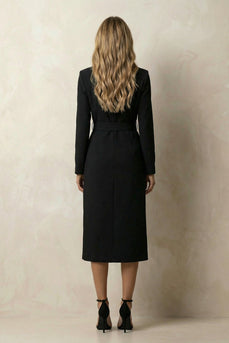 Black Peak Lapel Midi Bodycon Work Dress with Belt