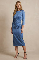 Load image into Gallery viewer, Twilight Round Neck Satin Midi Bodycon Work Dress with Slit