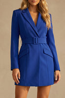 Load image into Gallery viewer, Royal Blue Bodycon Peak Lapel Short Work Dress with Pockets