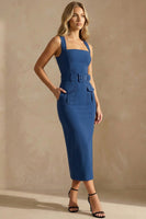 Load image into Gallery viewer, Ink Blue Thick Straps Ankle Length Bodycon Work Dress with Belt