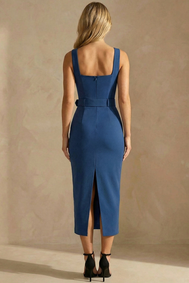 Load image into Gallery viewer, Ink Blue Thick Straps Ankle Length Bodycon Work Dress with Belt