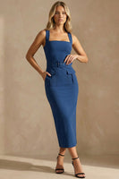 Load image into Gallery viewer, Ink Blue Thick Straps Ankle Length Bodycon Work Dress with Belt