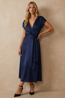 Load image into Gallery viewer, Navy A Line V Neck Ankle Length Satin Work Dress with Bow