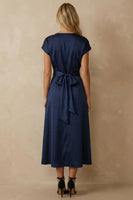 Load image into Gallery viewer, Navy A Line V Neck Ankle Length Satin Work Dress with Bow