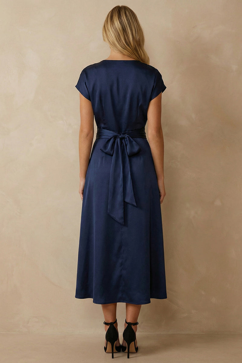 Load image into Gallery viewer, Navy A Line V Neck Ankle Length Satin Work Dress with Bow