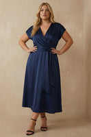 Load image into Gallery viewer, Navy A Line V Neck Ankle Length Satin Work Dress with Bow