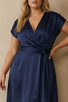 Load image into Gallery viewer, Navy A Line V Neck Ankle Length Satin Work Dress with Bow