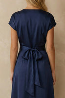 Load image into Gallery viewer, Navy A Line V Neck Ankle Length Satin Work Dress with Bow