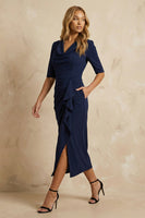 Load image into Gallery viewer, Dark Navy Cowl Neck Ruffled Ankle Length Pencil Work Dress with Slit