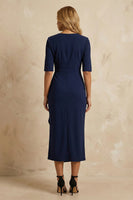 Load image into Gallery viewer, Dark Navy Cowl Neck Ruffled Ankle Length Pencil Work Dress with Slit
