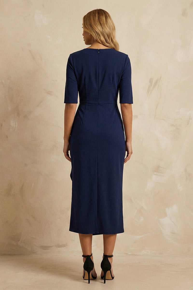 Load image into Gallery viewer, Dark Navy Cowl Neck Ruffled Ankle Length Pencil Work Dress with Slit