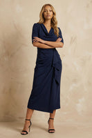 Load image into Gallery viewer, Dark Navy Cowl Neck Ruffled Ankle Length Pencil Work Dress with Slit