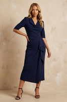 Load image into Gallery viewer, Dark Navy Cowl Neck Ruffled Ankle Length Pencil Work Dress with Slit