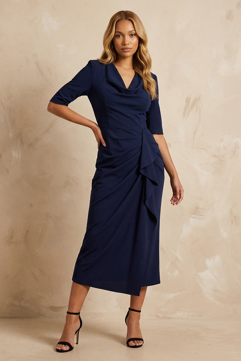 Load image into Gallery viewer, Dark Navy Cowl Neck Ruffled Ankle Length Pencil Work Dress with Slit