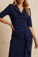 Load image into Gallery viewer, Dark Navy Cowl Neck Ruffled Ankle Length Pencil Work Dress with Slit