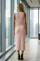 Load image into Gallery viewer, Pink Pencil Ruched Round Neck Midi Work Dress with Slit