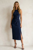 Load image into Gallery viewer, Navy Pencil Round Neck Ruched Midi Work Dress with Slit