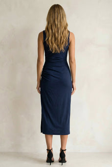 Navy Pencil Round Neck Ruched Midi Work Dress with Slit