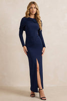 Load image into Gallery viewer, Navy Shetah Ruched Long Sleeves Work Dress with Slit