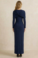 Load image into Gallery viewer, Navy Shetah Ruched Long Sleeves Work Dress with Slit