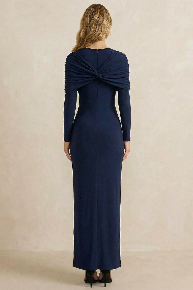 Load image into Gallery viewer, Navy Shetah Ruched Long Sleeves Work Dress with Slit