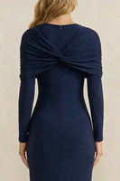 Load image into Gallery viewer, Navy Shetah Ruched Long Sleeves Work Dress with Slit