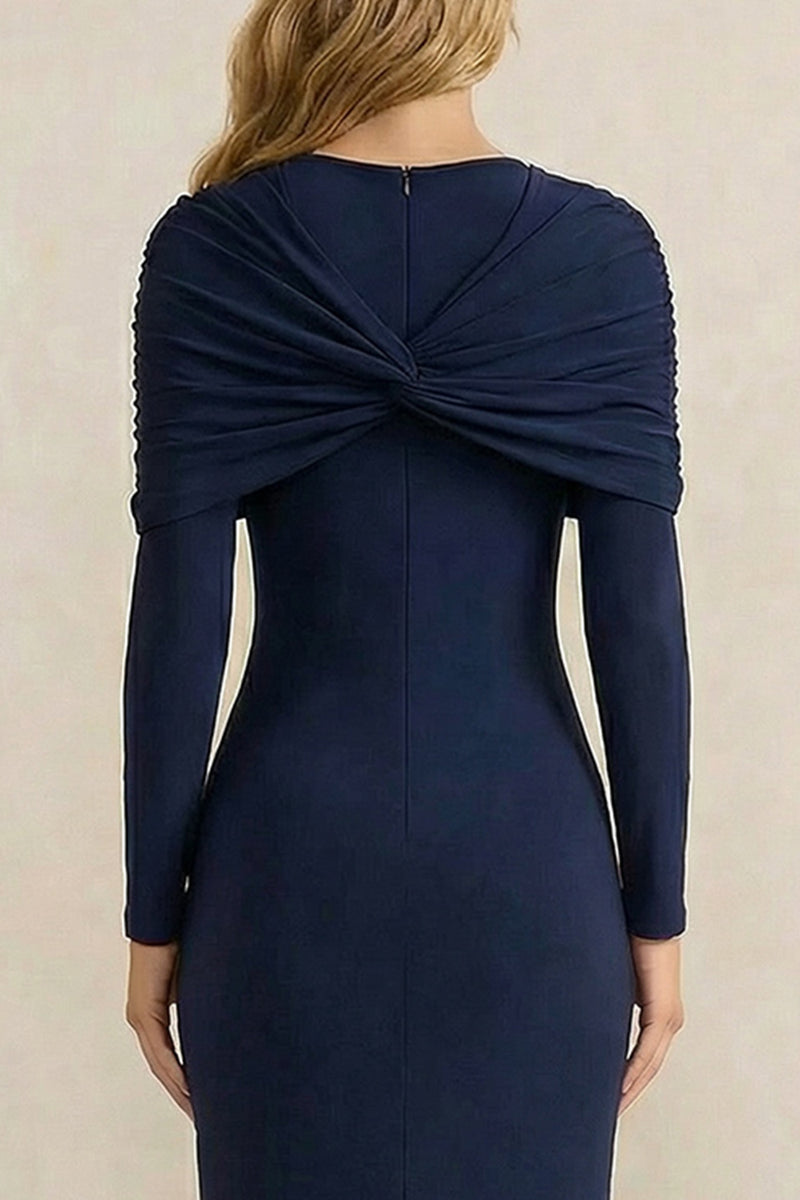 Load image into Gallery viewer, Navy Shetah Ruched Long Sleeves Work Dress with Slit