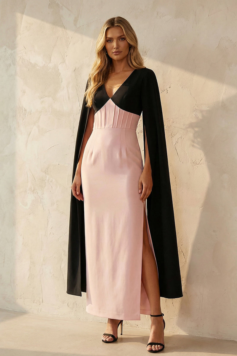 Load image into Gallery viewer, Black and Pink V Neck Sheath Corset Long Work Dress with Slit