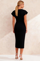 Load image into Gallery viewer, Black Bateau Neck Cap Sleeves Pencil Midi Work Dress with Slit