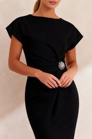 Load image into Gallery viewer, Black Bateau Neck Cap Sleeves Pencil Midi Work Dress with Slit