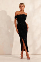 Load image into Gallery viewer, Sparkly Black Sheath Off the Shoulder Ankle Length Work Dress with Slit