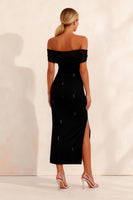 Load image into Gallery viewer, Sparkly Black Sheath Off the Shoulder Ankle Length Work Dress with Slit