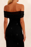 Load image into Gallery viewer, Sparkly Black Sheath Off the Shoulder Ankle Length Work Dress with Slit