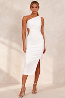 Load image into Gallery viewer, White Pencil One Shoulder Cut Out Ruched Midi Work Dress with Slit