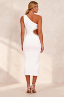 Load image into Gallery viewer, White Pencil One Shoulder Cut Out Ruched Midi Work Dress with Slit