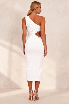White Pencil One Shoulder Cut Out Ruched Midi Work Dress with Slit