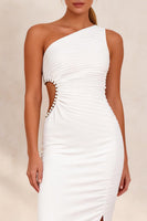 Load image into Gallery viewer, White Pencil One Shoulder Cut Out Ruched Midi Work Dress with Slit