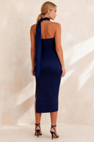 Load image into Gallery viewer, Navy Bodycon Neck Scarf Ruched Midi Work Dress with Slit