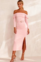 Load image into Gallery viewer, Pink Satin Pencil Off the Shoulder Midi Work Dress with Slit