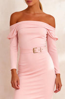 Load image into Gallery viewer, Pink Satin Pencil Off the Shoulder Midi Work Dress with Slit