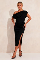 Load image into Gallery viewer, Black Pencil Asymmetrical Neck Ruched  Midi Work Dress with Slit