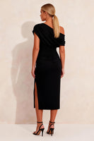 Load image into Gallery viewer, Black Pencil Asymmetrical Neck Ruched  Midi Work Dress with Slit