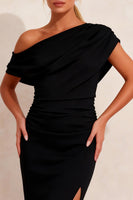 Load image into Gallery viewer, Black Pencil Asymmetrical Neck Ruched  Midi Work Dress with Slit